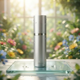 Parfümös adagoló flakon, 20ml, ezüst, fém, szórófejjel és kupakkal