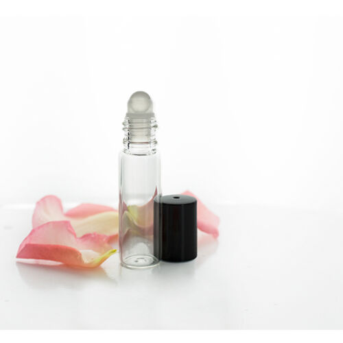 Roll-on flakon, 5 ml, transzparens, üveg, fekete kupakkal és golyóval